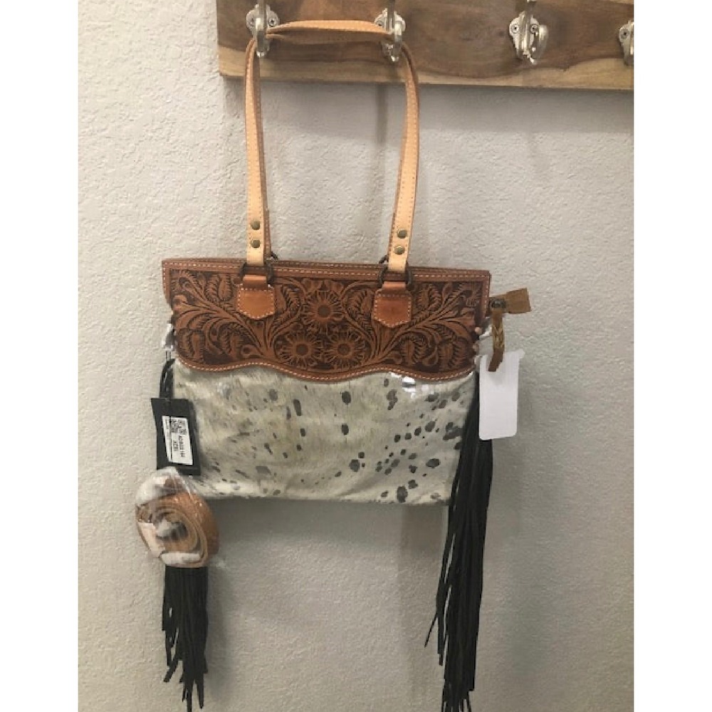American Darling Purse New Acid‎ Silver Wash Leather Cowhide Embossed Fringe